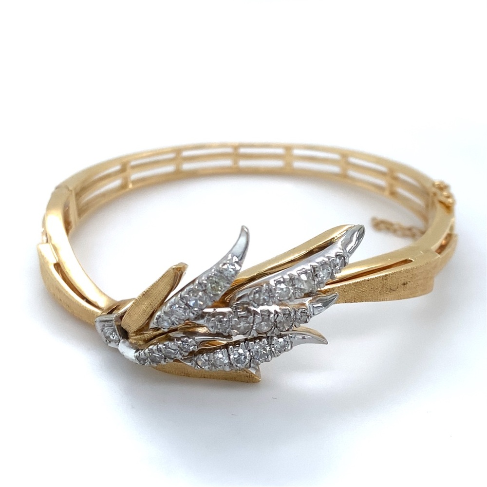 Yellow Gold Diamond Bangle Bracelet Asymmetrical Leaf Design Safety Chain